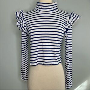 Heidi Merrick Maritime Blue Striped Crop Ruffle Shoulder Jersey Knit Top Size M